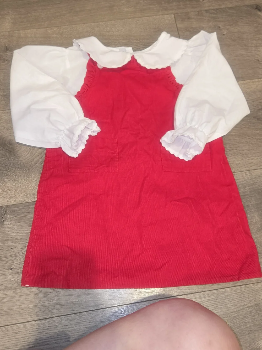 Bella Bliss Girls' Red Corduroy Pinafore Dress with White Blouse